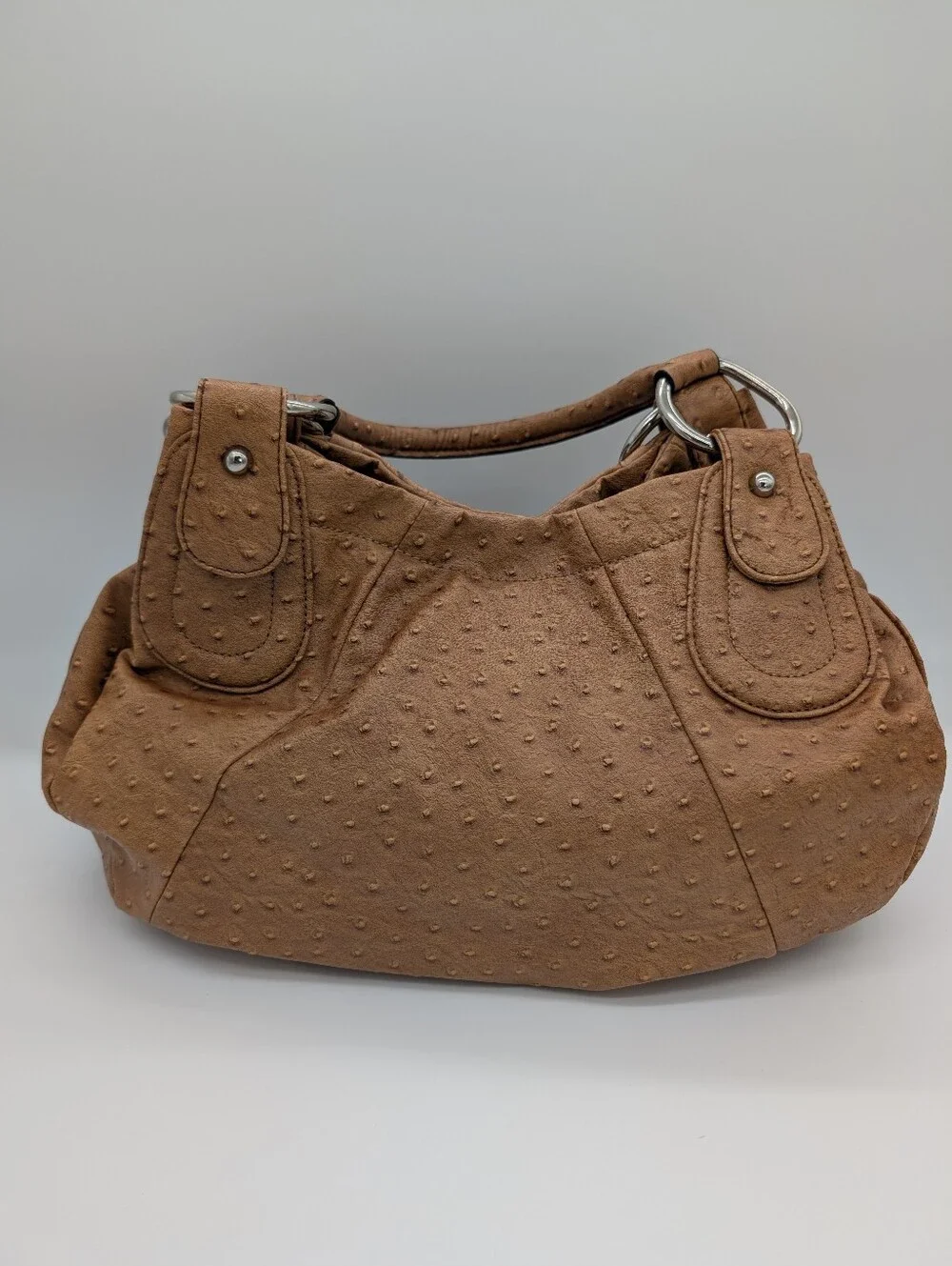 GUESS Faux Ostrich Embossed Leather Hobo Bag Tote Vintage Y2K Rhinestone G Logo
